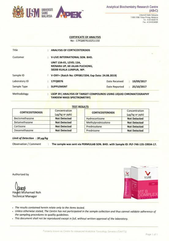 Certificate of Analysis - V-Oxy+ - Products - V Live International