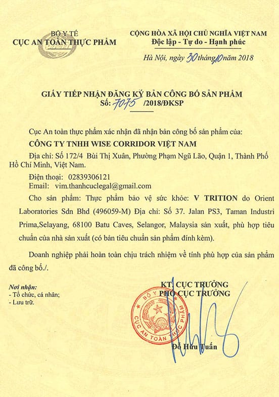 Vietnam Certificate - V Trition - Products - V Live International